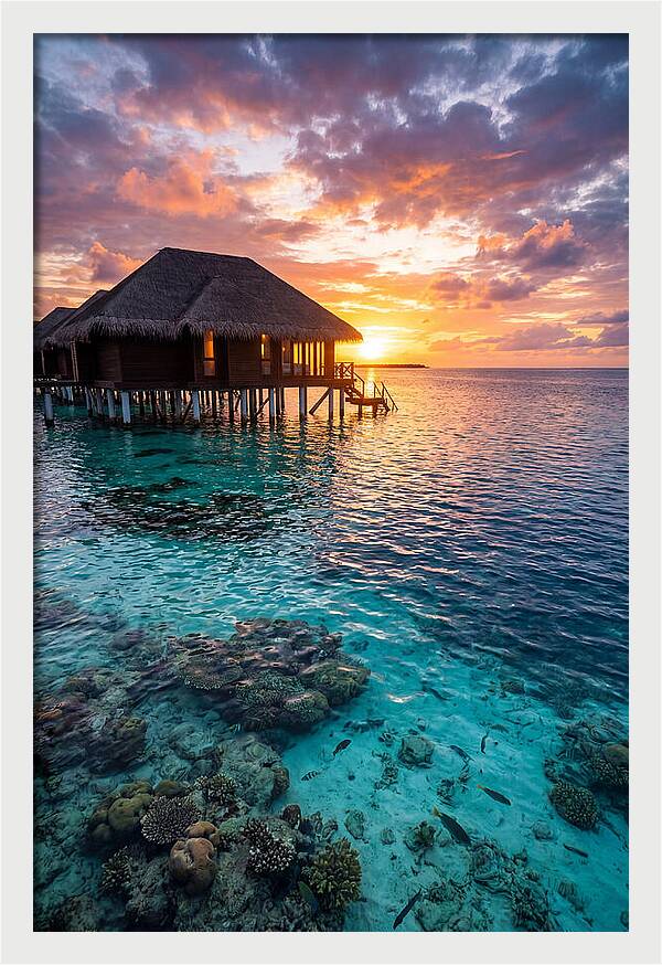 Maldivian Overwater Bungalow At Dusk