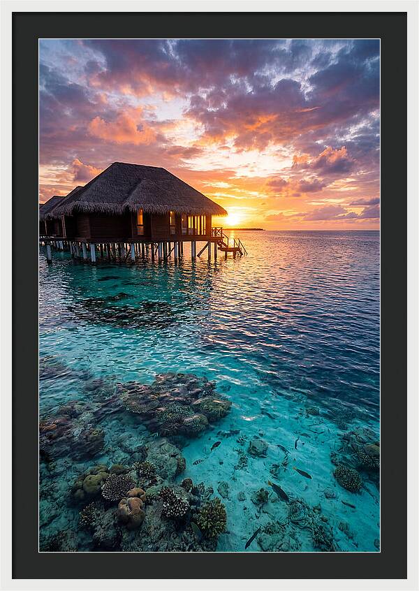 Maldivian Overwater Bungalow At Dusk