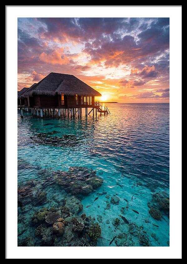 Maldivian Overwater Bungalow At Dusk