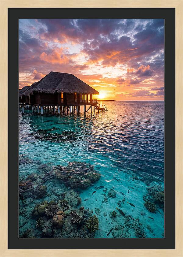 Maldivian Overwater Bungalow At Dusk