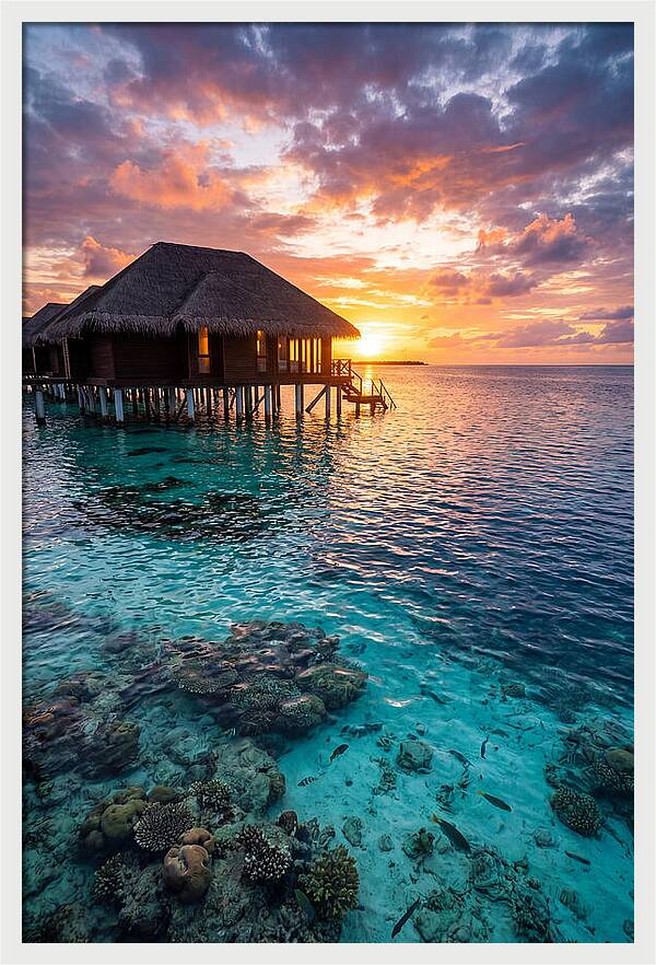 Maldivian Overwater Bungalow At Dusk