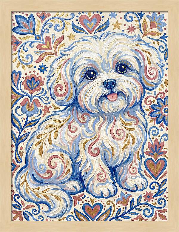 Maltese Dog In Folk Art Style