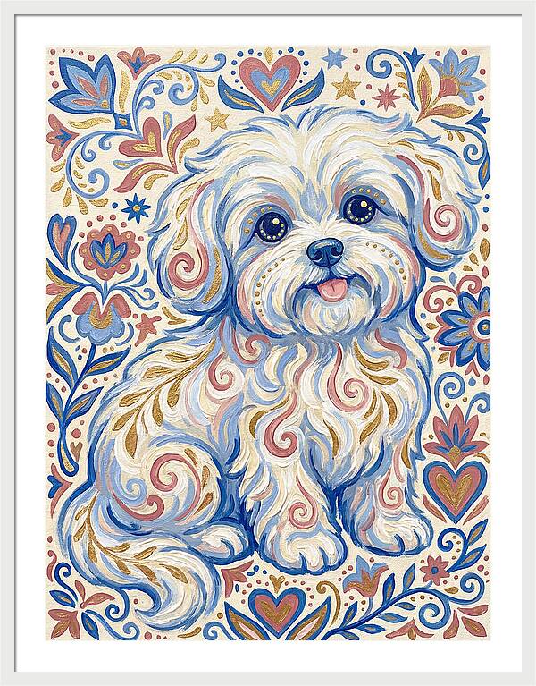 Maltese Dog In Folk Art Style