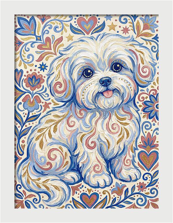 Maltese Dog In Folk Art Style