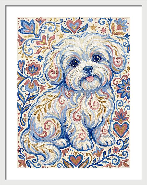 Maltese Dog In Folk Art Style