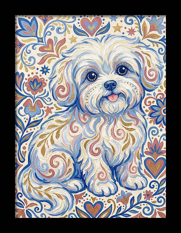 Maltese Dog In Folk Art Style