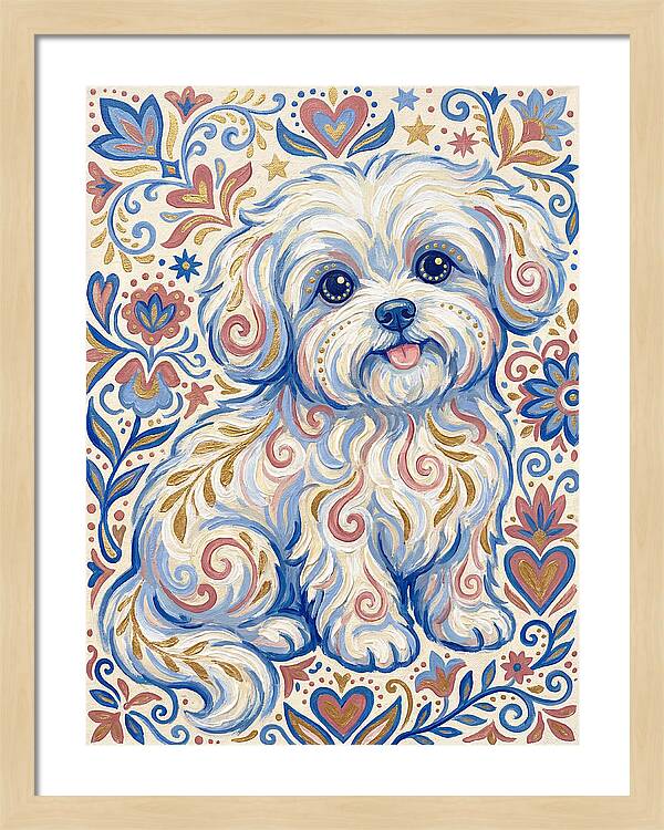 Maltese Dog In Folk Art Style