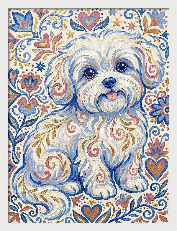 Maltese Dog In Folk Art Style