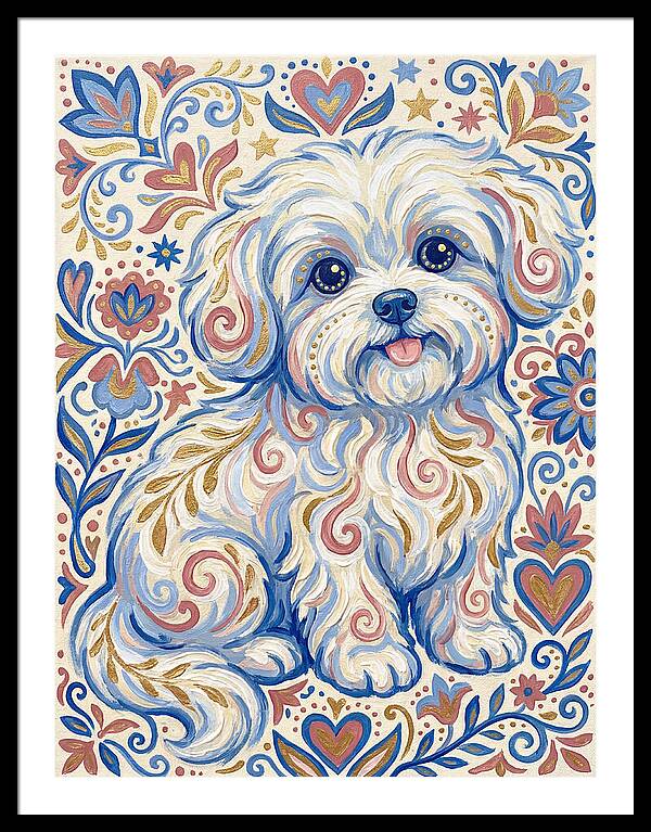 Maltese Dog In Folk Art Style