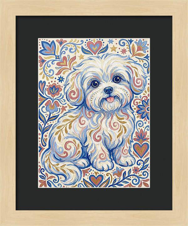 Maltese Dog In Folk Art Style