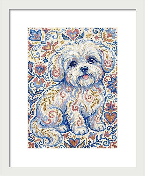 Maltese Dog In Folk Art Style