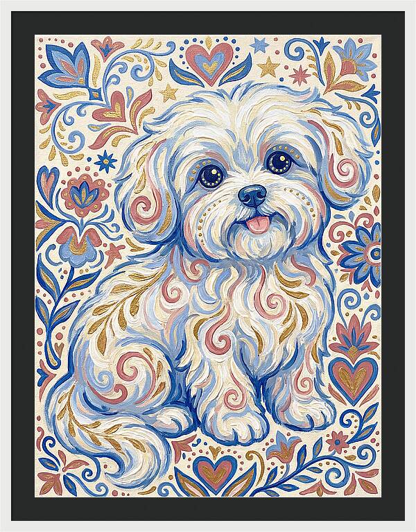 Maltese Dog In Folk Art Style