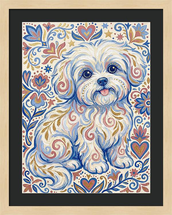 Maltese Dog In Folk Art Style