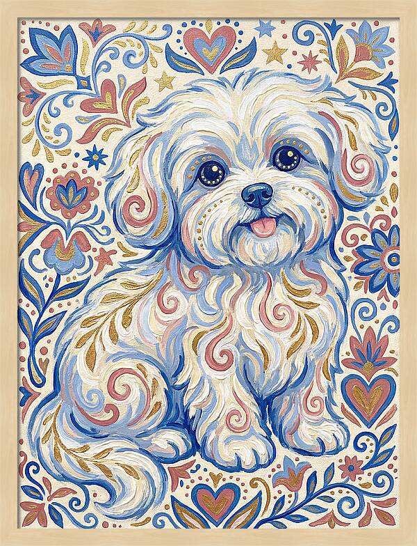 Maltese Dog In Folk Art Style