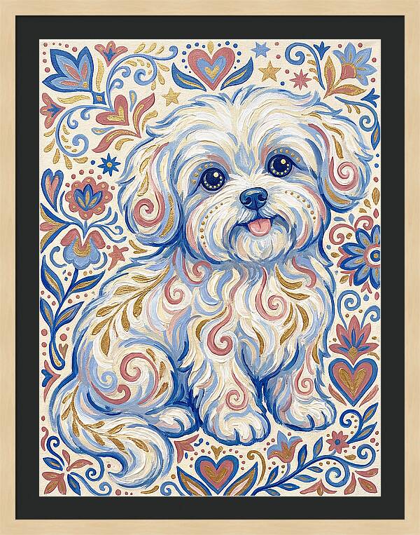 Maltese Dog In Folk Art Style