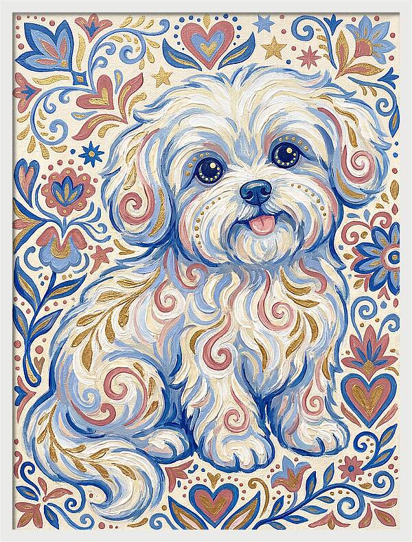 Maltese Dog In Folk Art Style