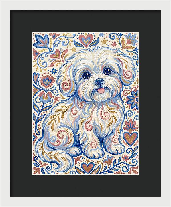 Maltese Dog In Folk Art Style