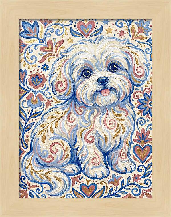 Maltese Dog In Folk Art Style
