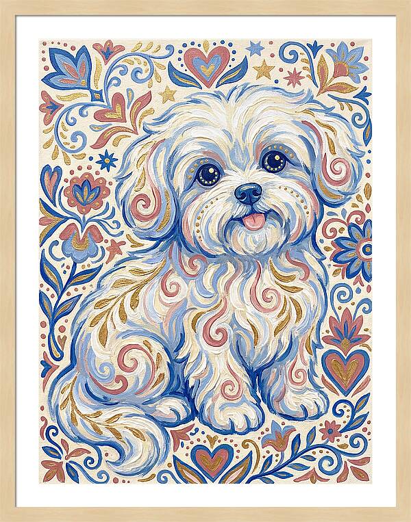 Maltese Dog In Folk Art Style