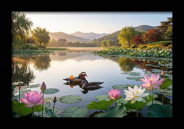 Mandarin Ducks In Tranquil Pond
