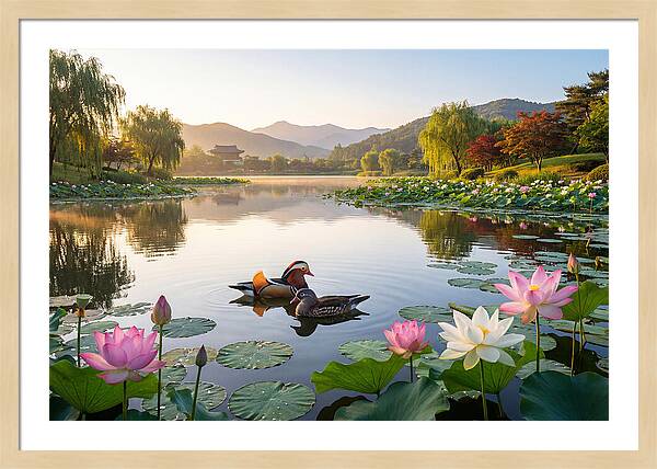 Mandarin Ducks In Tranquil Pond