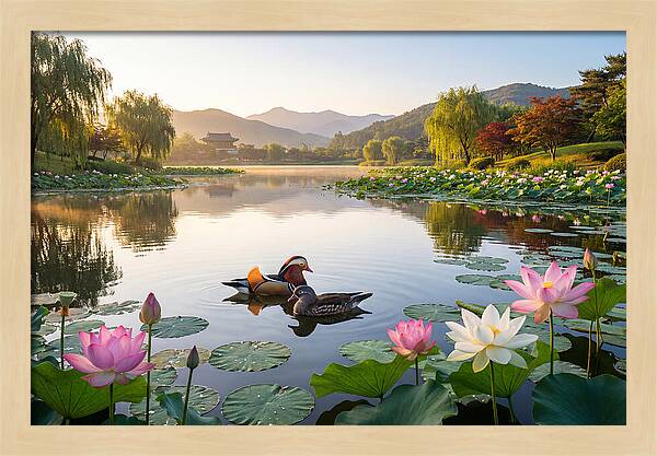 Mandarin Ducks In Tranquil Pond