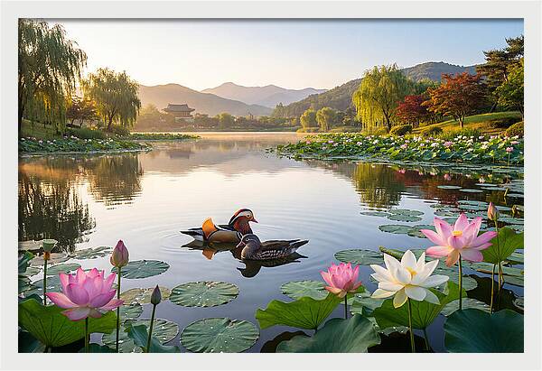 Mandarin Ducks In Tranquil Pond