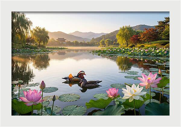 Mandarin Ducks In Tranquil Pond