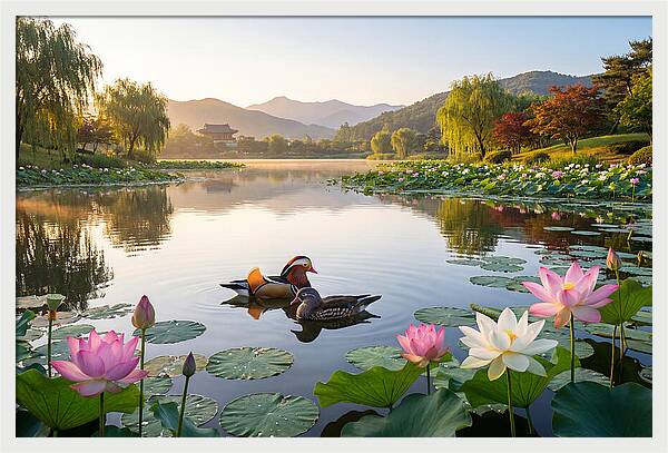 Mandarin Ducks In Tranquil Pond