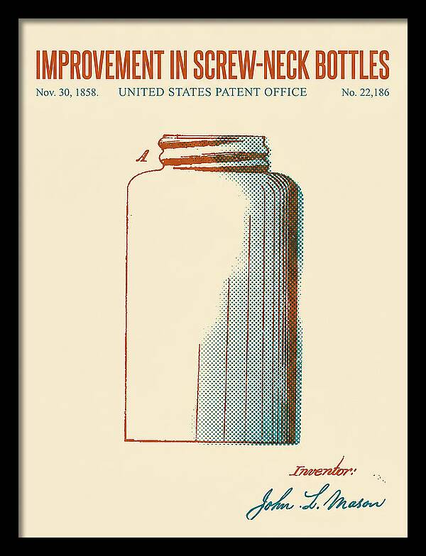 Mason Jar Screw Neck Bottle Retro Patent Us22186a