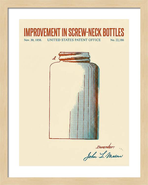 Mason Jar Screw Neck Bottle Retro Patent Us22186a