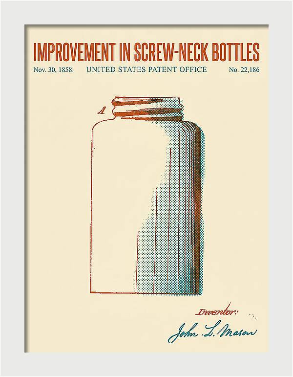 Mason Jar Screw Neck Bottle Retro Patent Us22186a