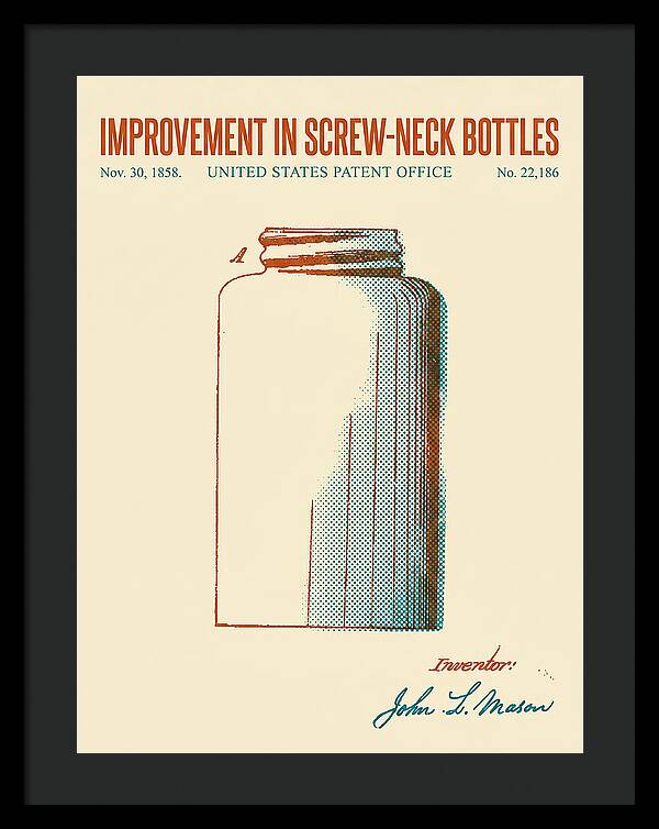 Mason Jar Screw Neck Bottle Retro Patent Us22186a