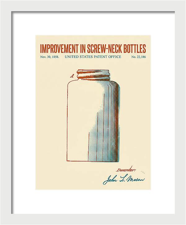Mason Jar Screw Neck Bottle Retro Patent Us22186a