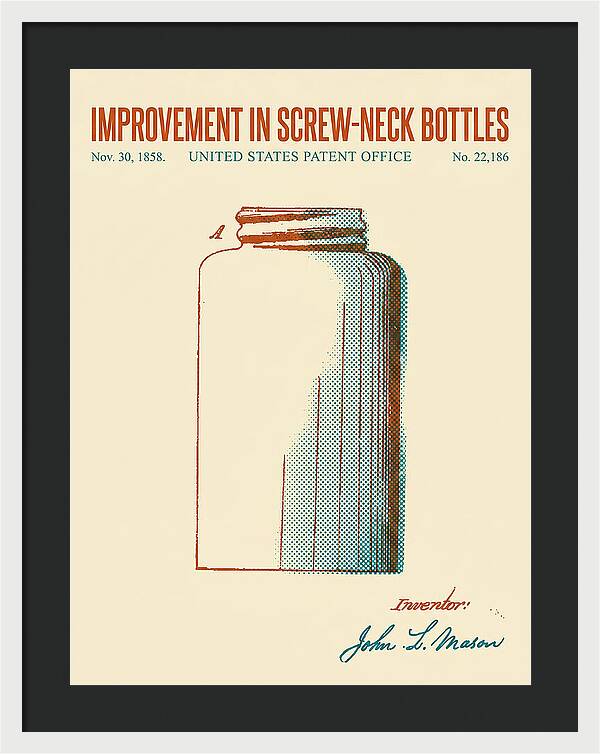 Mason Jar Screw Neck Bottle Retro Patent Us22186a