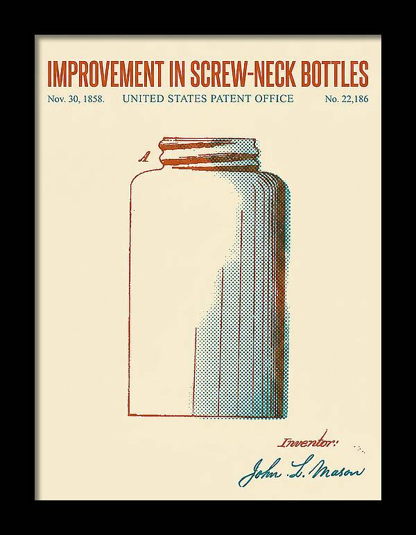Mason Jar Screw Neck Bottle Retro Patent Us22186a
