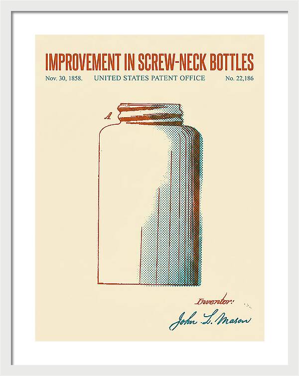 Mason Jar Screw Neck Bottle Retro Patent Us22186a