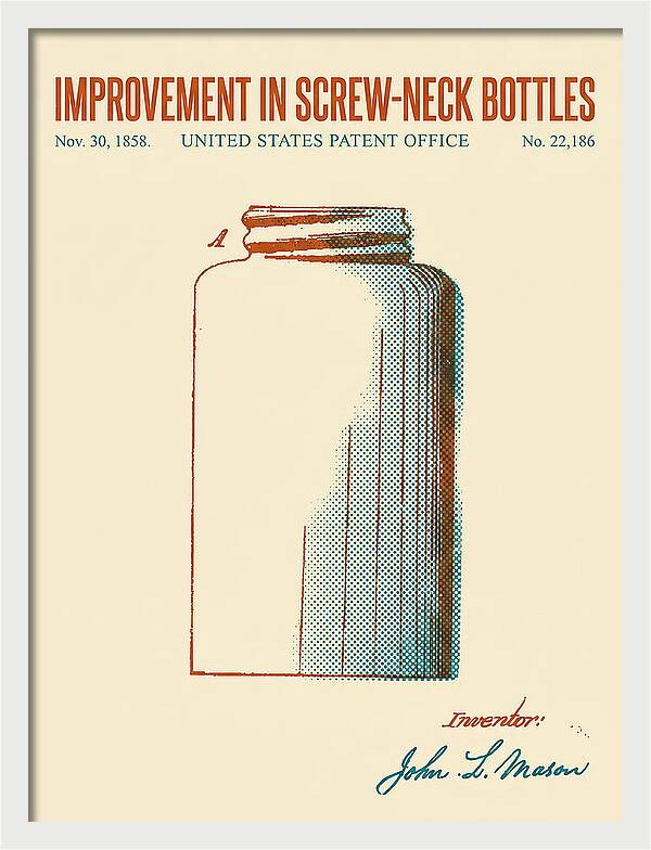 Mason Jar Screw Neck Bottle Retro Patent Us22186a