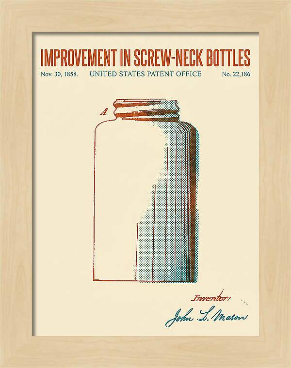 Mason Jar Screw Neck Bottle Retro Patent Us22186a