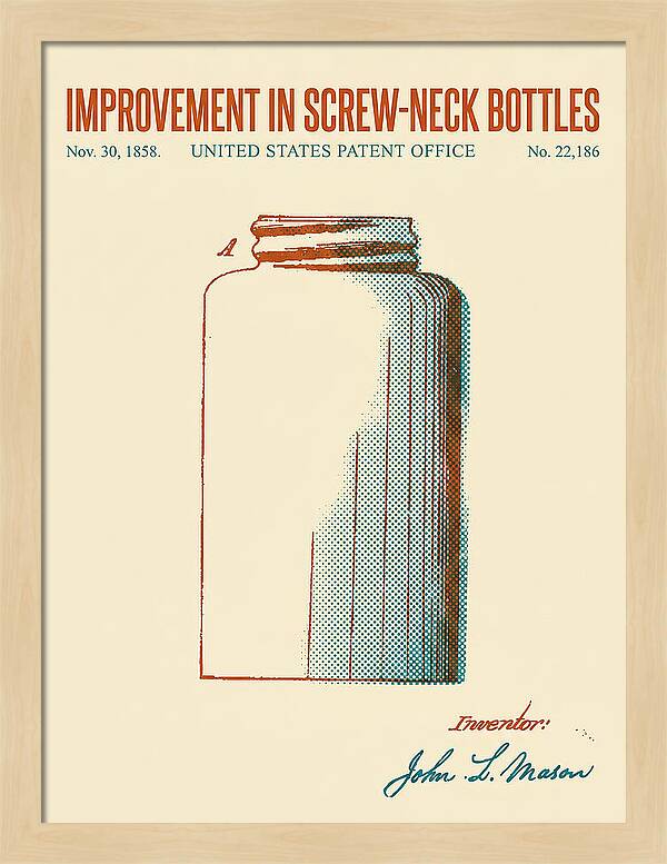Mason Jar Screw Neck Bottle Retro Patent Us22186a