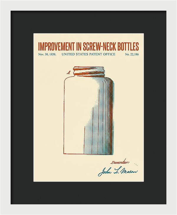 Mason Jar Screw Neck Bottle Retro Patent Us22186a