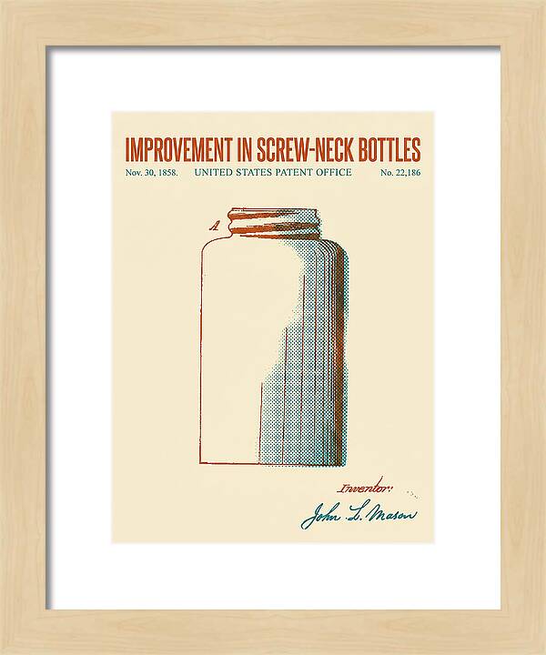 Mason Jar Screw Neck Bottle Retro Patent Us22186a