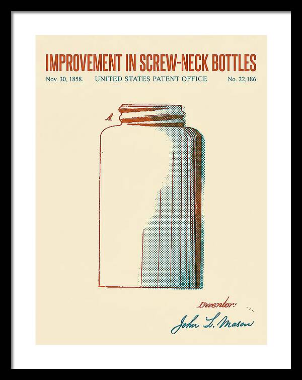 Mason Jar Screw Neck Bottle Retro Patent Us22186a