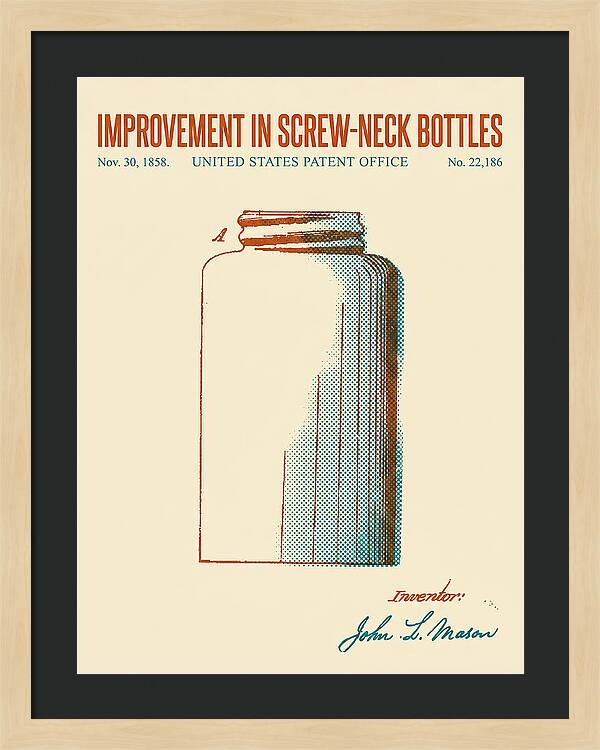Mason Jar Screw Neck Bottle Retro Patent Us22186a