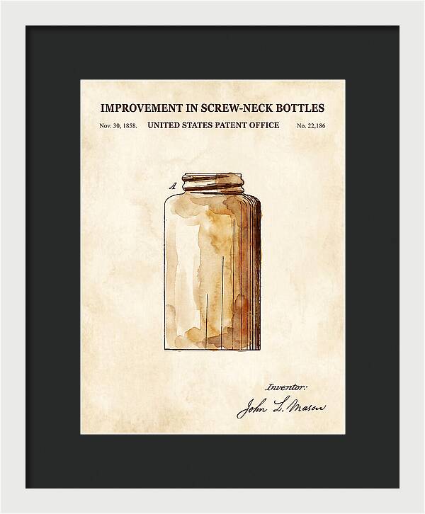 Mason Jar Screw Neck Bottle Watercolor Patent Us22186a