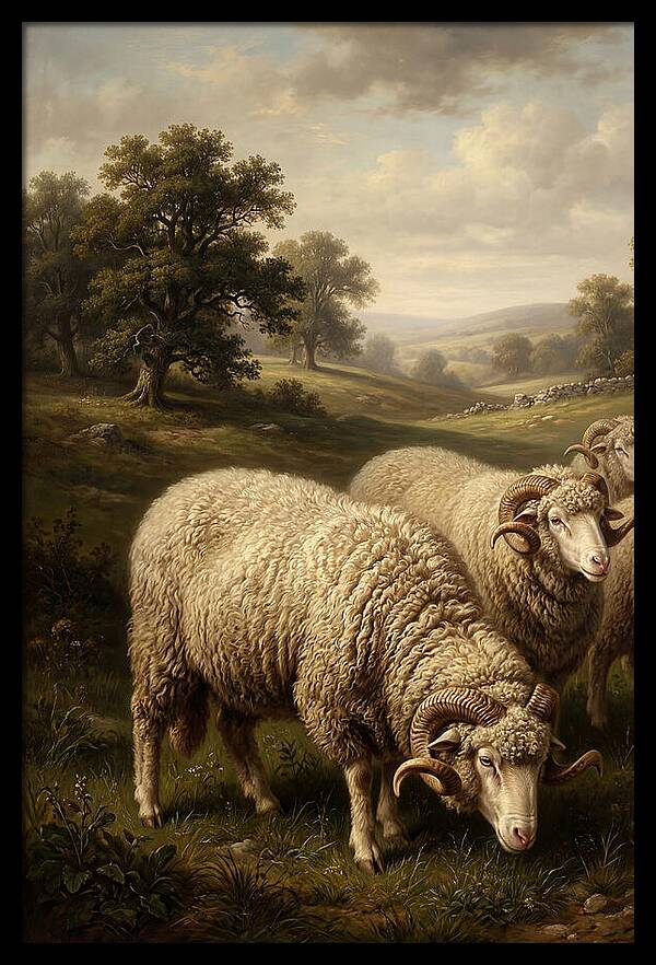 Merino Sheep Grazing In Serenity