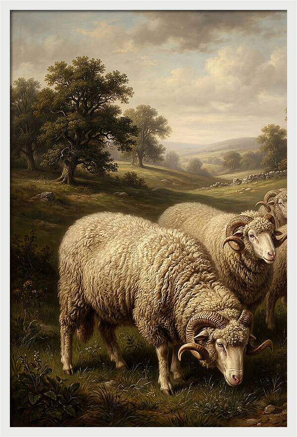 Merino Sheep Grazing In Serenity