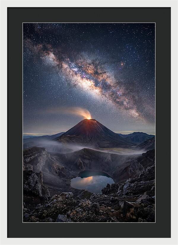 Milky Way Over Erupting Volcano