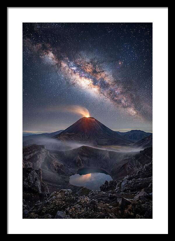 Milky Way Over Erupting Volcano