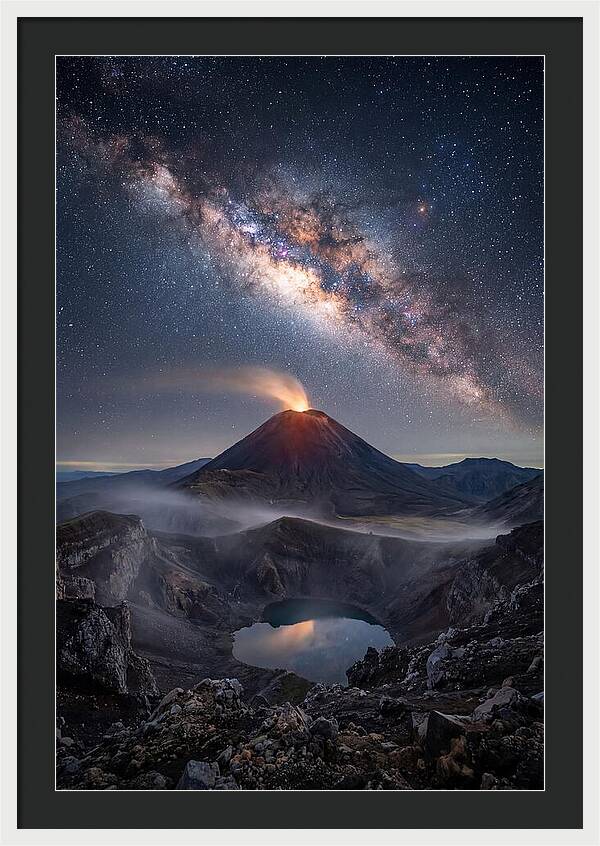 Milky Way Over Erupting Volcano